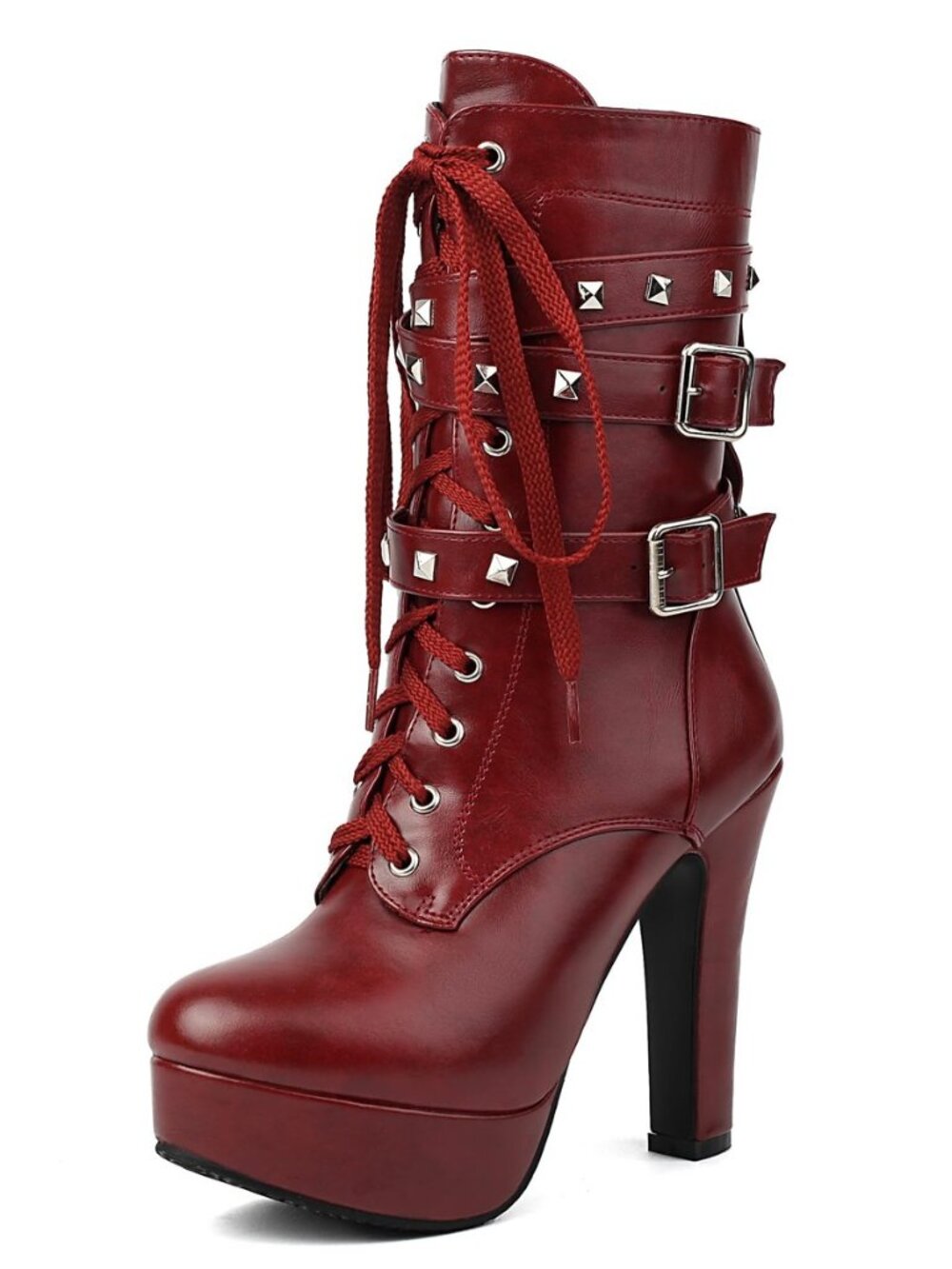 Women's Goth Leather Block Heel Ankle Boots Fashion Studded Ankle Strap Trim